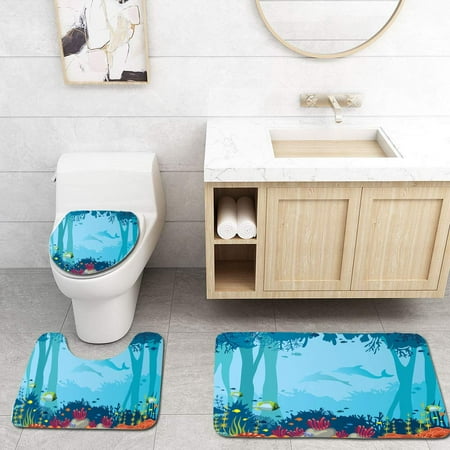 GOHAO Coral Fish Underwater cave Dolphin and sea 3 Piece Bathroom Rugs Set Bath Rug Contour Mat and Toilet Lid Cover
