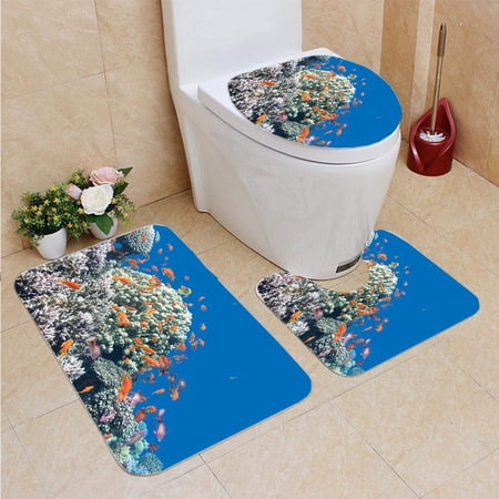GOHAO Coral Reef Exotic Fishes Anthias in Tropical sea Underwater 3 Piece Bathroom Rugs Set Bath Rug Contour Mat and Toilet Lid Cover
