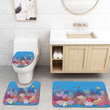 GOHAO Coral Reef Line 3 Piece Bathroom Rugs Set Bath Rug Contour Mat and Toilet Lid Cover