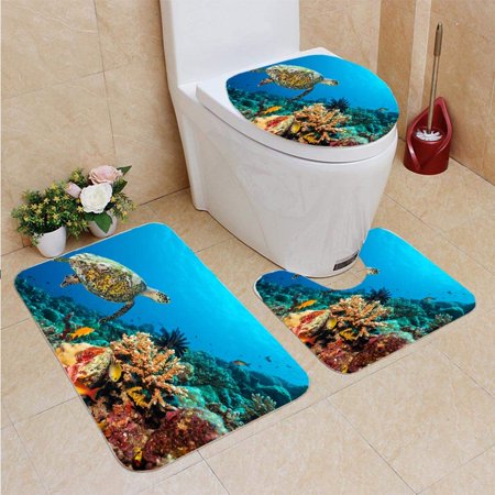 GOHAO Coral Reef Turtle 3 Piece Bathroom Rugs Set Bath Rug Contour Mat and Toilet Lid Cover