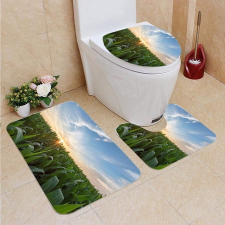 GOHAO Cornfield Early Morning at Sunrise 3 Piece Bathroom Rugs Set Bath Rug Contour Mat and Toilet Lid Cover