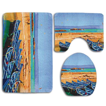 GOHAO Country Sea Scenery Gulls and Traditional Fishing Boats on Shore in Village Island 3 Piece Bathroom Rugs Set Bath Rug Contour Mat and Toilet Lid Cover