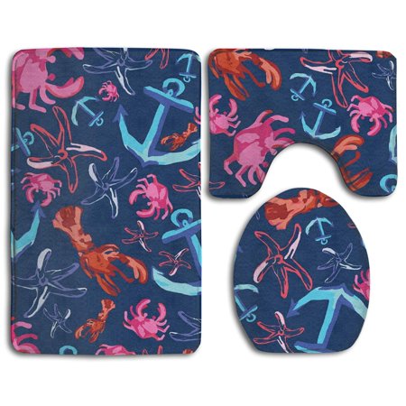 GOHAO Crab Starfish and Anchor 3 Piece Bathroom Rugs Set Bath Rug Contour Mat and Toilet Lid Cover