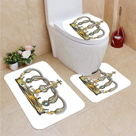 GOHAO Crown in Engraving Style 3 Piece Bathroom Rugs Set Bath Rug Contour Mat and Toilet Lid Cover