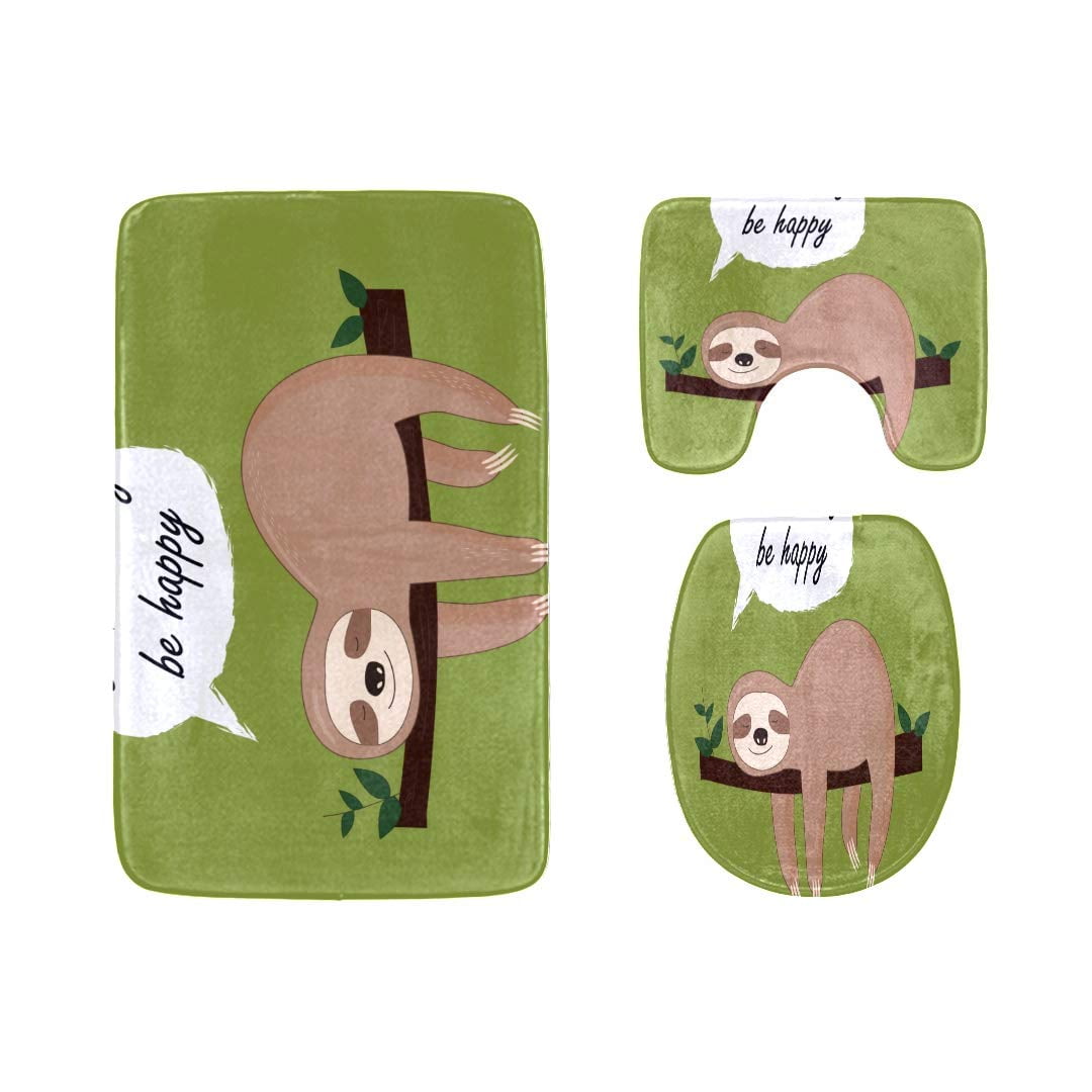 GOHAO Cute Baby Sloths Hanging On Tree 3 Piece Bathroom Rugs Set Bath