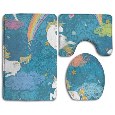 GOHAO Cute Baby Unicorns 3 Piece Bathroom Rugs Set Bath Rug Contour Mat and Toilet Lid Cover