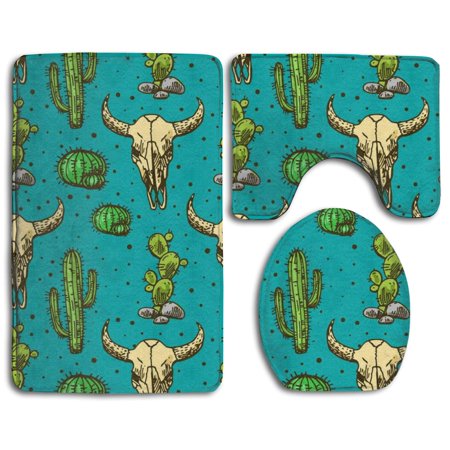 GOHAO Cute Cactus and Skull Bull 3 Piece Bathroom Rugs Set Bath Rug Contour Mat and Toilet Lid Cover