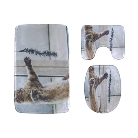 GOHAO Cute Cat in Jumping 3 Piece Bathroom Rugs Set Bath Rug Contour Mat and Toilet Lid Cover