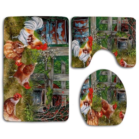 GOHAO Cute Chicken and Garden 3 Piece Bathroom Rugs Set Bath Rug Contour Mat and Toilet Lid Cover