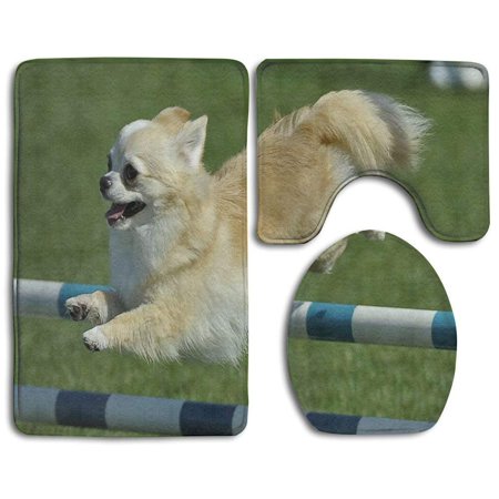 GOHAO Cute Chihuahua 3 Piece Bathroom Rugs Set Bath Rug Contour Mat and Toilet Lid Cover