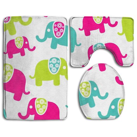 GOHAO Cute Colorful Elefants Patterns 3 Piece Bathroom Rugs Set Bath Rug Contour Mat and Toilet Lid Cover