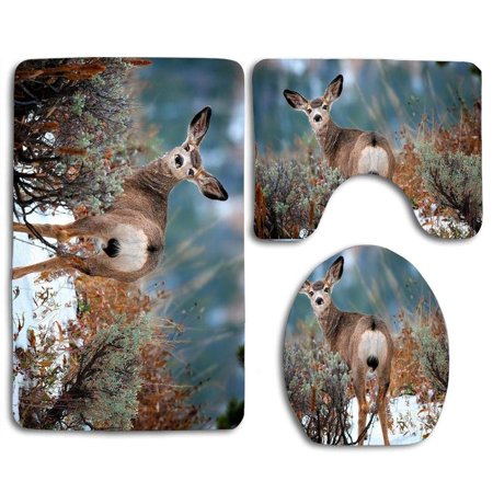 GOHAO Cute Deer Look Back Snowy 3 Piece Bathroom Rugs Set Bath Rug Contour Mat and Toilet Lid Cover