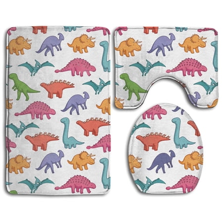 GOHAO Cute Dinosaurs 3 Piece Bathroom Rugs Set Bath Rug Contour Mat and Toilet Lid Cover