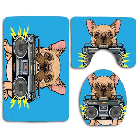 GOHAO Cute Dog Biting Boombox 3 Piece Bathroom Rugs Set Bath Rug Contour Mat and Toilet Lid Cover