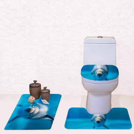 GOHAO Cute Dolphin 3 Piece Bathroom Rugs Set Bath Rug Contour Mat and Toilet Lid Cover