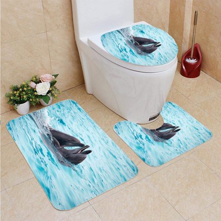 GOHAO Cute Dolphins During a Speech at dolphinarium 3 Piece Bathroom Rugs Set Bath Rug Contour Mat and Toilet Lid Cover