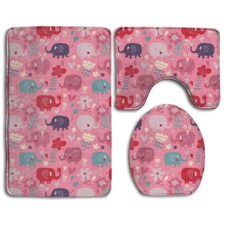 GOHAO Cute Elephants Pink 3 Piece Bathroom Rugs Set Bath Rug Contour Mat and Toilet Lid Cover