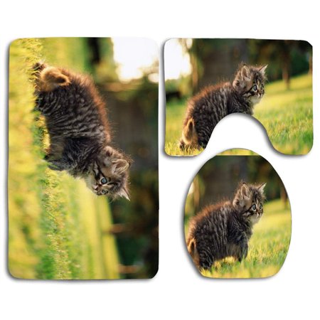 GOHAO Cute Fluffy Kitten 3 Piece Bathroom Rugs Set Bath Rug Contour Mat and Toilet Lid Cover
