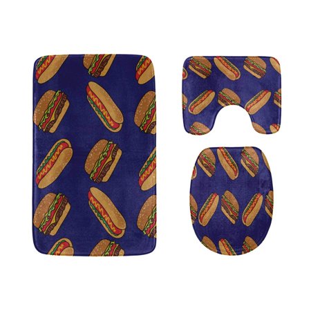 GOHAO Cute Hot Dog in Bun Cartoon 3 Piece Bathroom Rugs Set Bath Rug Contour Mat and Toilet Lid Cover