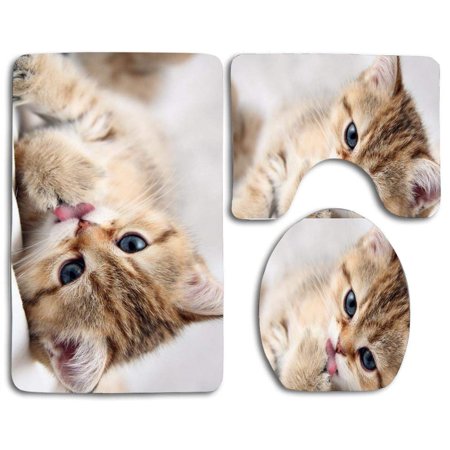 GOHAO Cute Kitty 3 Piece Bathroom Rugs Set Bath Rug Contour Mat and Toilet Lid Cover