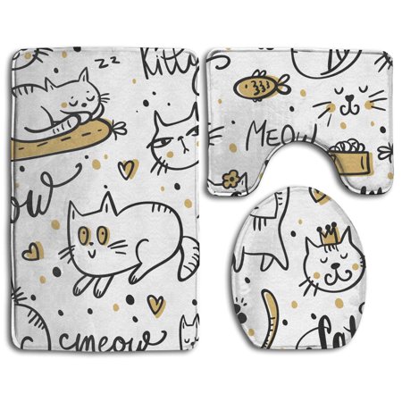 GOHAO Cute Kitty Meow Cat 3 Piece Bathroom Rugs Set Bath Rug Contour Mat and Toilet Lid Cover