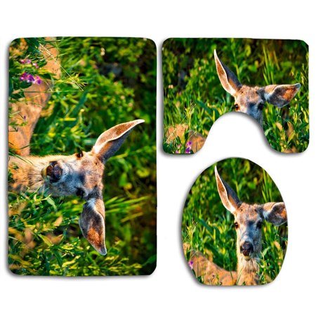 GOHAO Cute Little Deer 3 Piece Bathroom Rugs Set Bath Rug Contour Mat and Toilet Lid Cover