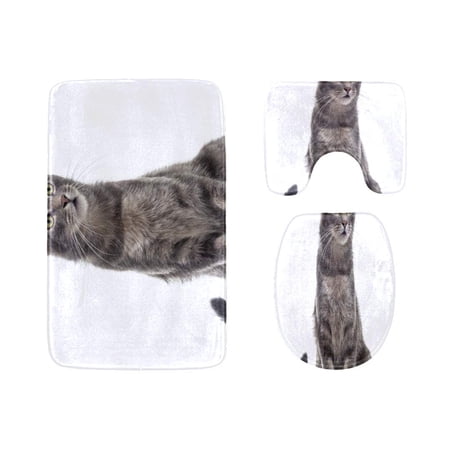 GOHAO Cute Lovely Hairy Cartoon Pet Cat 3 Piece Bathroom Rugs Set Bath Rug Contour Mat and Toilet Lid Cover