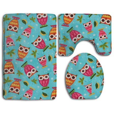 GOHAO Cute Owl 3 Piece Bathroom Rugs Set Bath Rug Contour Mat and Toilet Lid Cover