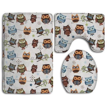 GOHAO Cute Owl Patterns 3 Piece Bathroom Rugs Set Bath Rug Contour Mat and Toilet Lid Cover