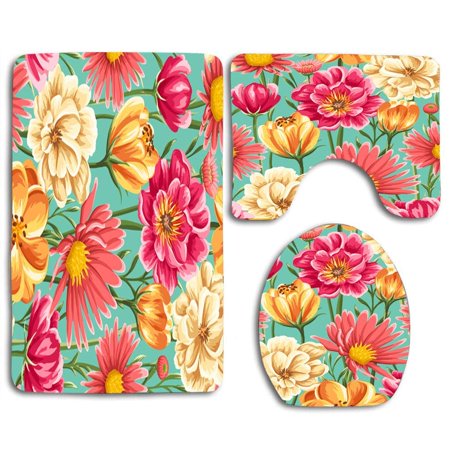 GOHAO Cute Pink Blossom 3 Piece Bathroom Rugs Set Bath Rug Contour Mat and Toilet Lid Cover