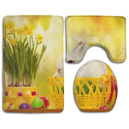 GOHAO Cute Rabbit in Basket 3 Piece Bathroom Rugs Set Bath Rug Contour Mat and Toilet Lid Cover