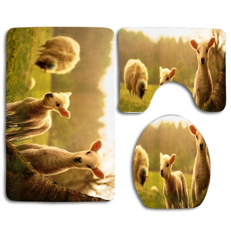 GOHAO Cute Sheeps 3 Piece Bathroom Rugs Set Bath Rug Contour Mat and Toilet Lid Cover