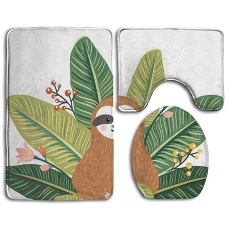 GOHAO Cute Sloth Leaves 3 Piece Bathroom Rugs Set Bath Rug Contour Mat and Toilet Lid Cover