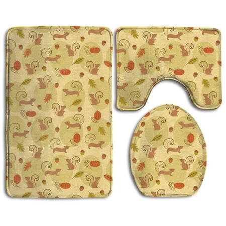 GOHAO Cute Squirrels Pine Nut Pumpkin 3 Piece Bathroom Rugs Set Bath Rug Contour Mat and Toilet Lid Cover