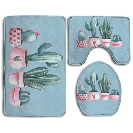GOHAO Cute Watercolor Cactus 3 Piece Bathroom Rugs Set Bath Rug Contour Mat and Toilet Lid Cover
