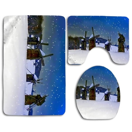 GOHAO Cute Winter Windmill 3 Piece Bathroom Rugs Set Bath Rug Contour Mat and Toilet Lid Cover
