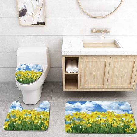 GOHAO Daffodil A Field Daffodil Flowers Blooms Against Summer Sky Cloudscape 3 Piece Bathroom Rugs Set Bath Rug Contour Mat and Toilet Lid Cover