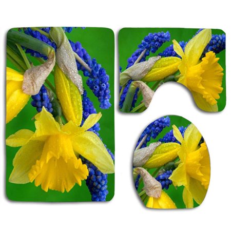 GOHAO Daffodils and Hyacinth 3 Piece Bathroom Rugs Set Bath Rug Contour Mat and Toilet Lid Cover