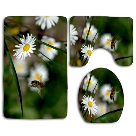 GOHAO Daisies Bee 3 Piece Bathroom Rugs Set Bath Rug Contour Mat and Toilet Lid Cover