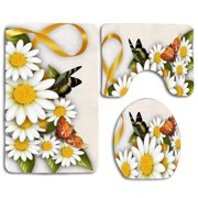 GOHAO Daisies Butterflies Spring Summer 3 Piece Bathroom Rugs Set Bath Rug Contour Mat and Toilet Lid Cover