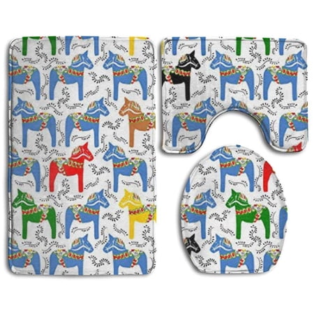 GOHAO Dala Horses 3 Piece Bathroom Rugs Set Bath Rug Contour Mat and Toilet Lid Cover
