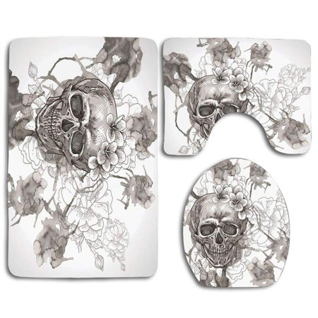 GOHAO Day Dead Painting Skull Flowers Dia De Los Muertos Festive 3 Piece Bathroom Rugs Set Bath Rug Contour Mat and Toilet Lid Cover