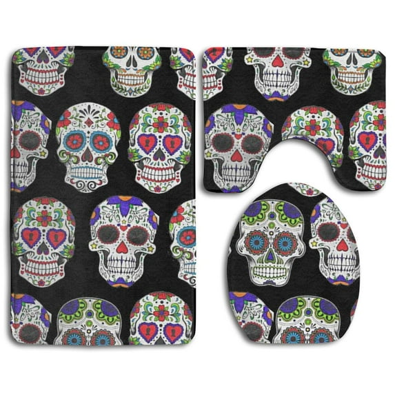 GOHAO Day Dead Sugar Skull Flower 3 Piece Bathroom Rugs Set Bath Rug Contour Mat and Toilet Lid Cover