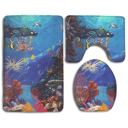 GOHAO Deep Sea 3 Piece Bathroom Rugs Set Bath Rug Contour Mat and Toilet Lid Cover