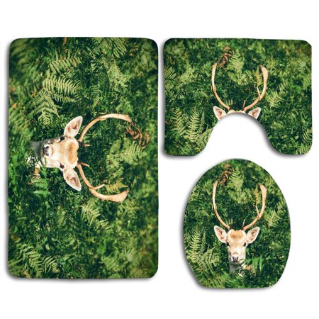 GOHAO Deer Inside Spring Green Tree 3 Piece Bathroom Rugs Set Bath Rug Contour Mat and Toilet Lid Cover