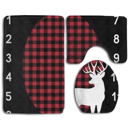 GOHAO Deer Little Buffalo Plaid Buck 3 Piece Bathroom Rugs Set Bath Rug Contour Mat and Toilet Lid Cover