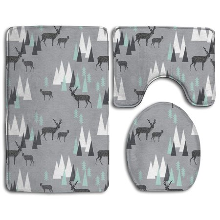 GOHAO Deer Mountain Deer Charcoal Grey Mint 3 Piece Bathroom Rugs Set Bath Rug Contour Mat and Toilet Lid Cover