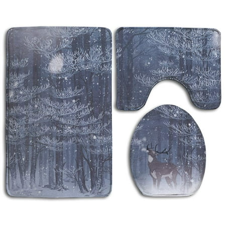 GOHAO Deer Winter Snow 3 Piece Bathroom Rugs Set Bath Rug Contour Mat and Toilet Lid Cover