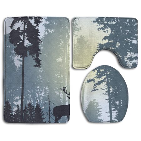 GOHAO Deer in Forest 3 Piece Bathroom Rugs Set Bath Rug Contour Mat and Toilet Lid Cover