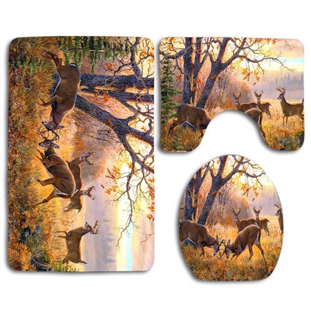 GOHAO Deers Fight Beautiful Season Autumn Forest 3 Piece Bathroom Rugs Set Bath Rug Contour Mat and Toilet Lid Cover